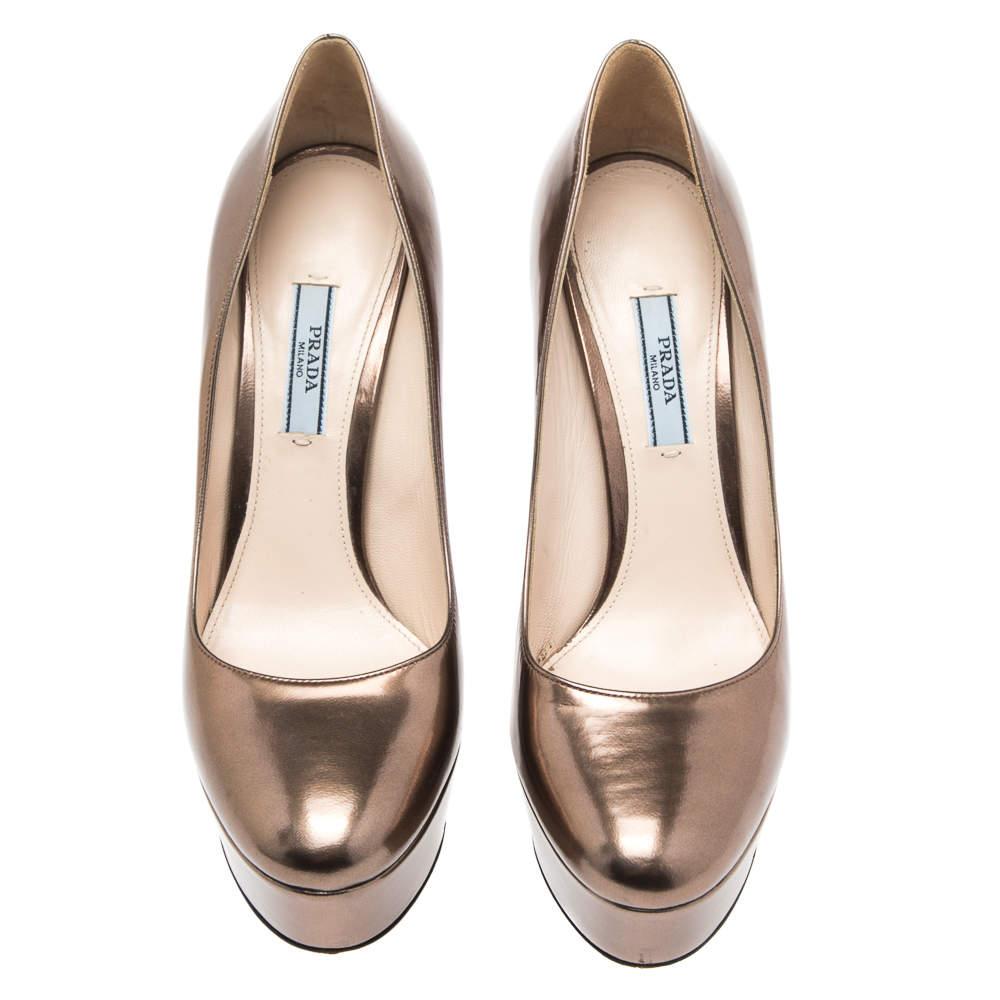 Brown Prada Metallic Bronze Leather Platform Pumps Size 38.5