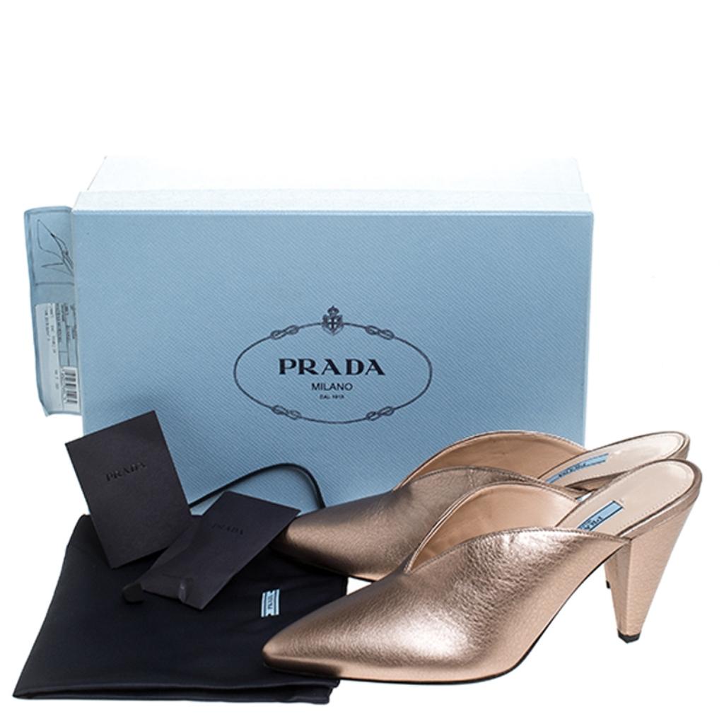 Prada Metallic Bronze Leather Pointed Toe Cone Heel Mules Size 38 3