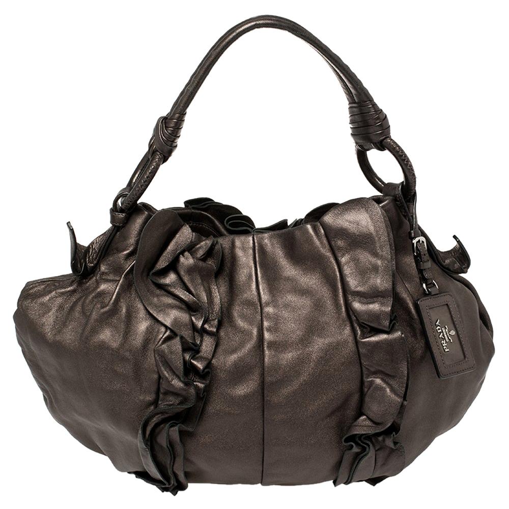 Prada Metallic Bronze Leather Ruffle Hobo Bag