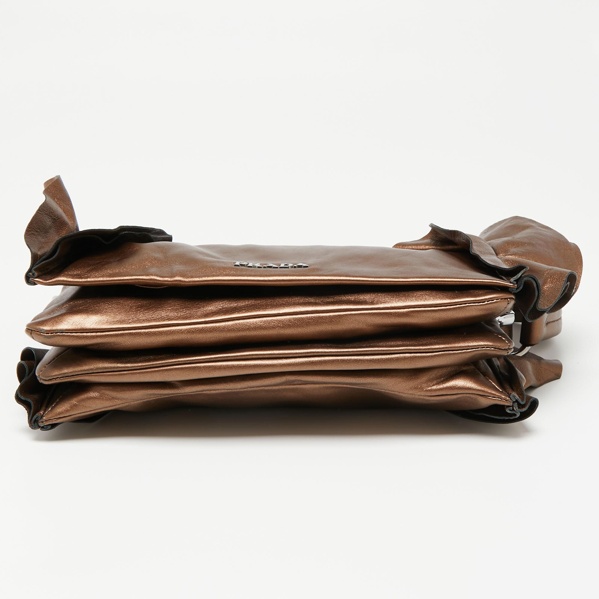 Brown Prada Metallic Bronze Leather Ruffle Trim Flap Clutch