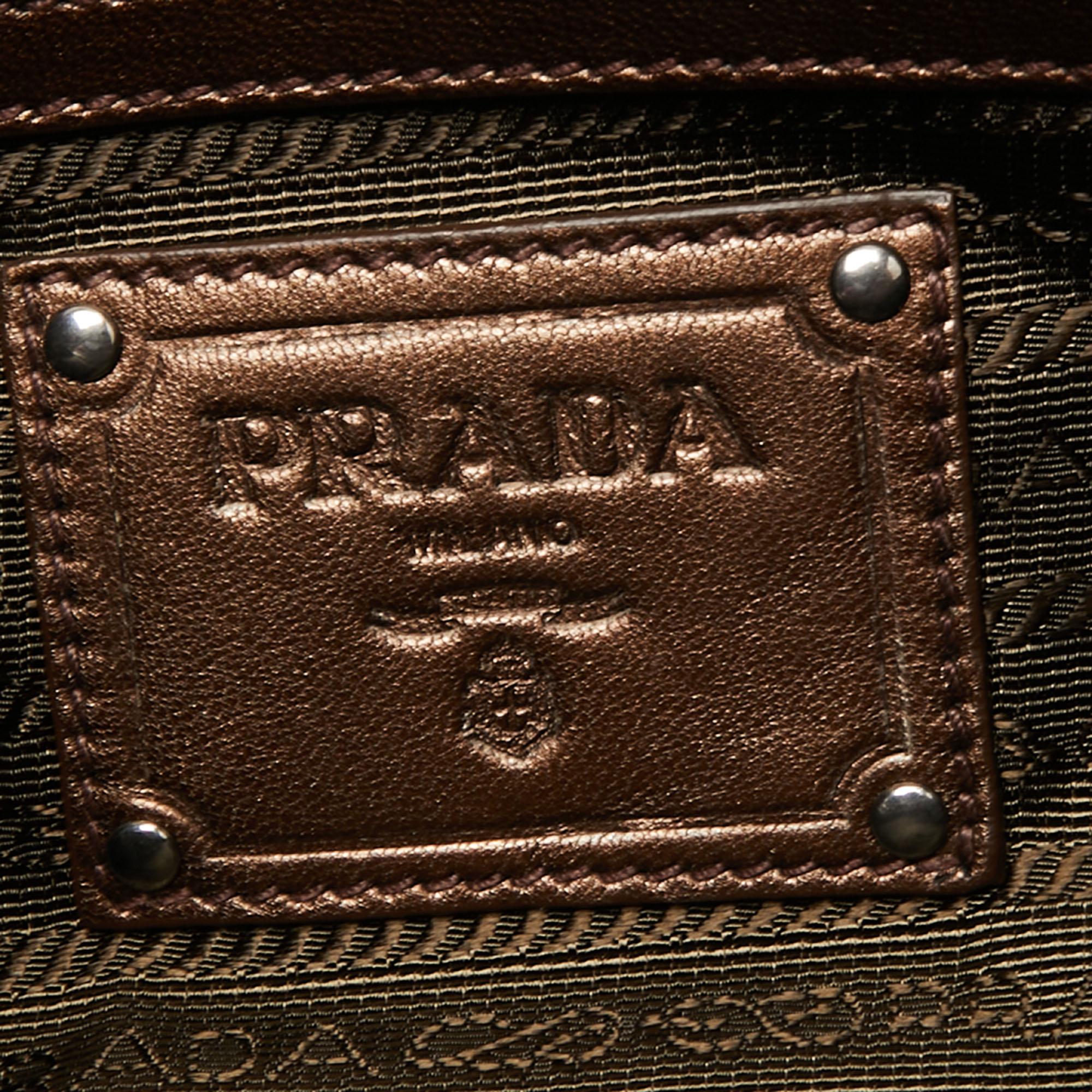 Women's Prada Metallic Bronze Leather Ruffle Trim Flap Clutch