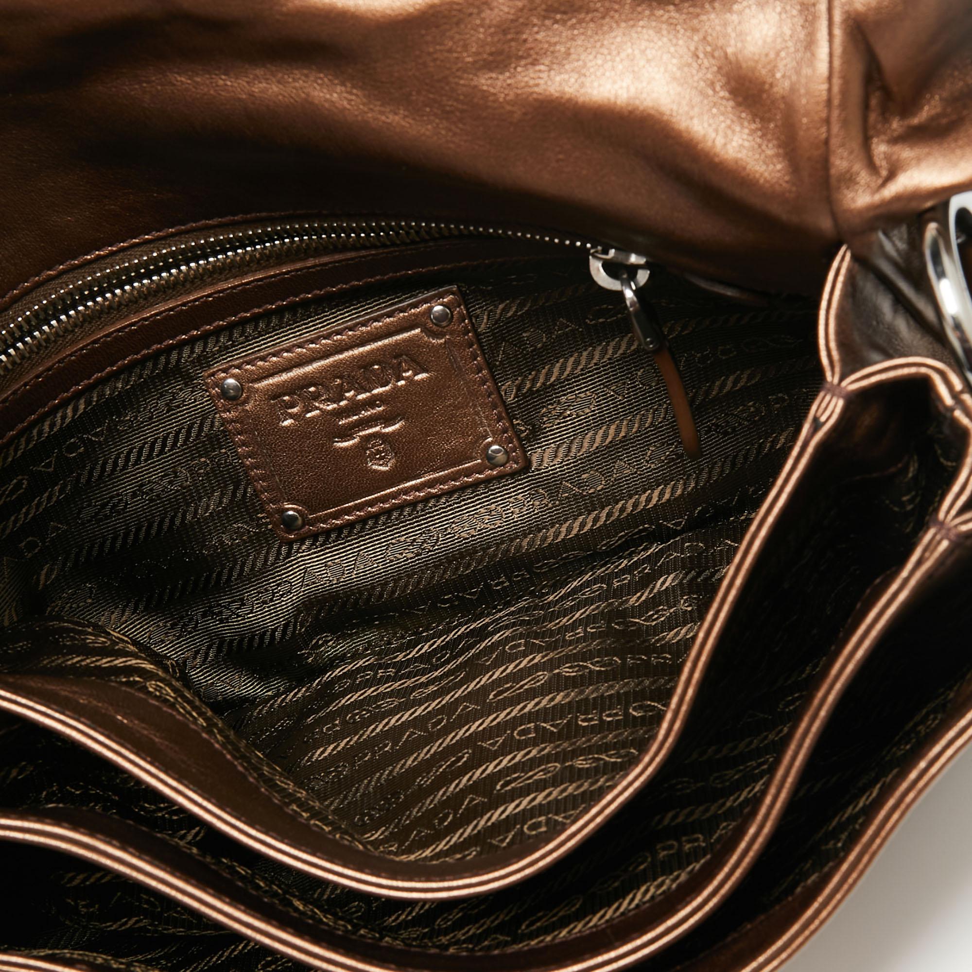 Prada Metallic Bronze Leather Ruffle Trim Flap Clutch 1