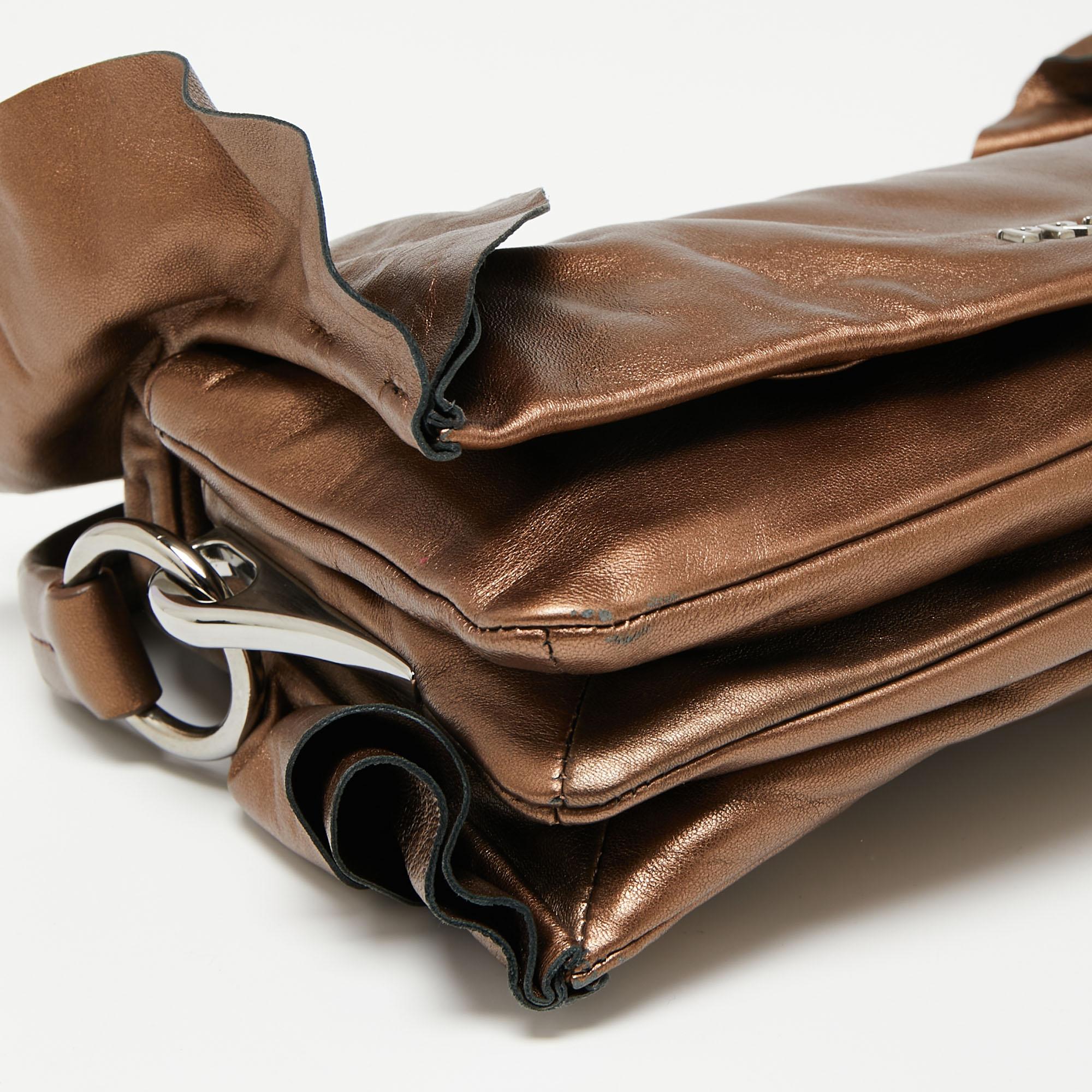 Prada Metallic Bronze Leather Ruffle Trim Flap Clutch 2