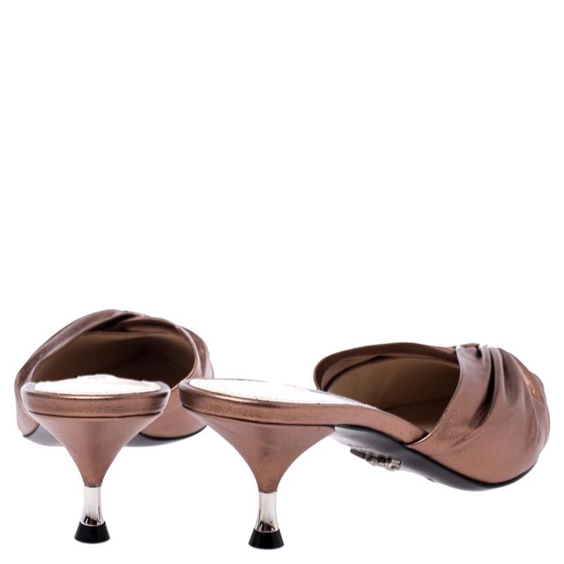 Brown Prada Metallic Bronze Leather Slip On Mule Sandals 37.5