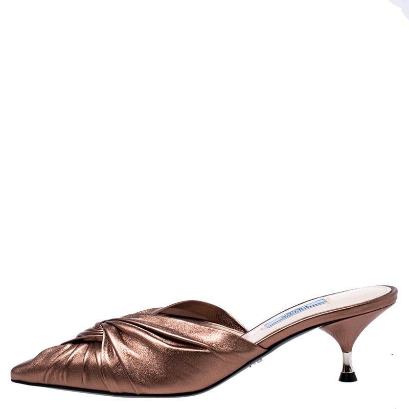 Women's Prada Metallic Bronze Leather Slip On Mule Sandals 37.5