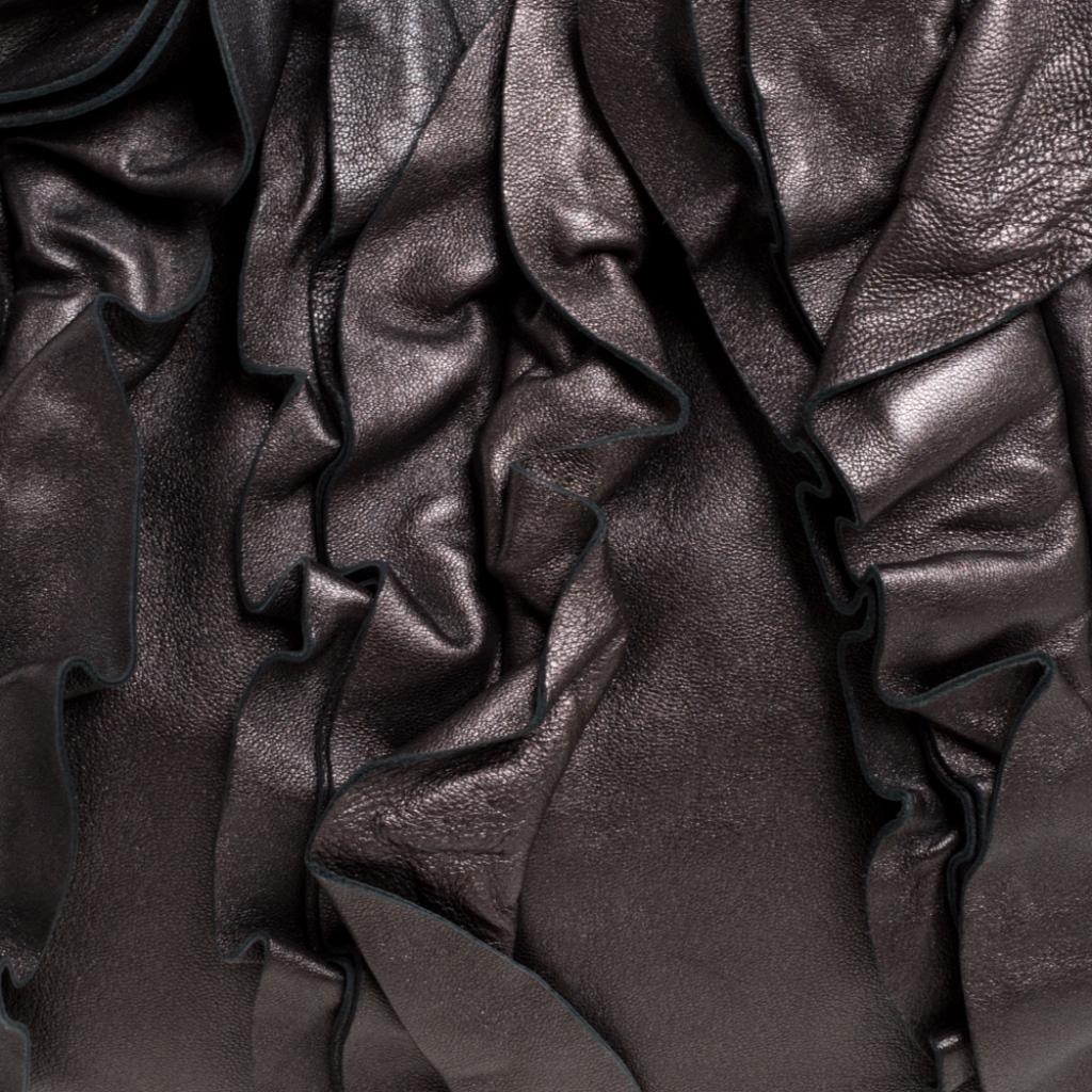 Prada Metallic Dark Brown Leather Ruffle Mordore Hobo 4