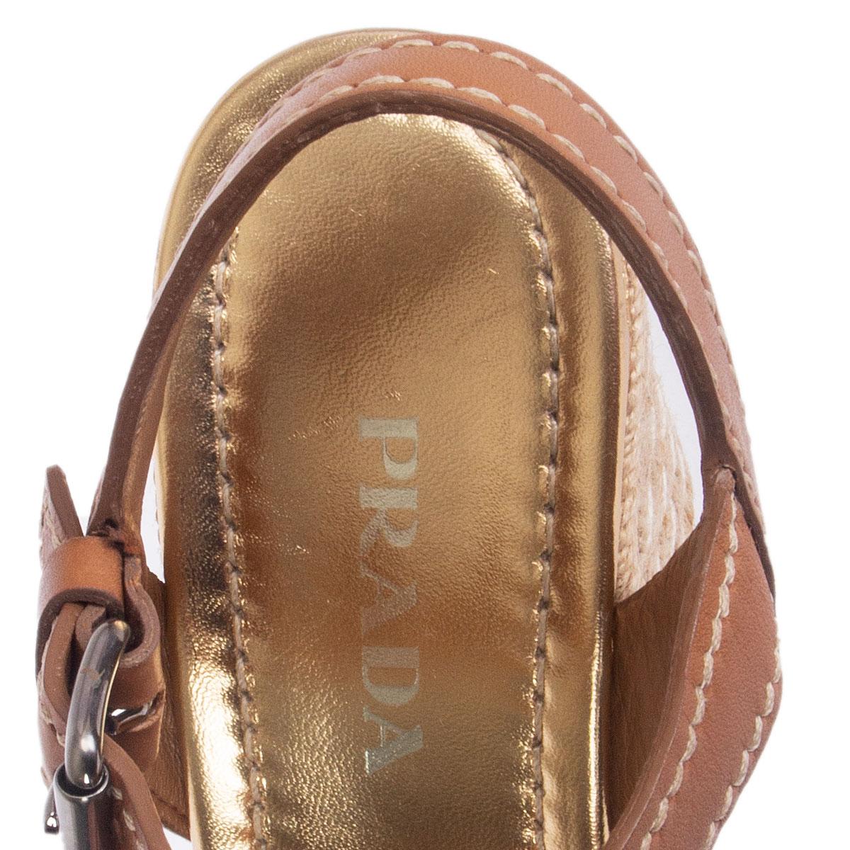 Beige PRADA metallic gold & brown leather Wedge Espadrille Sandals Shoes 40
