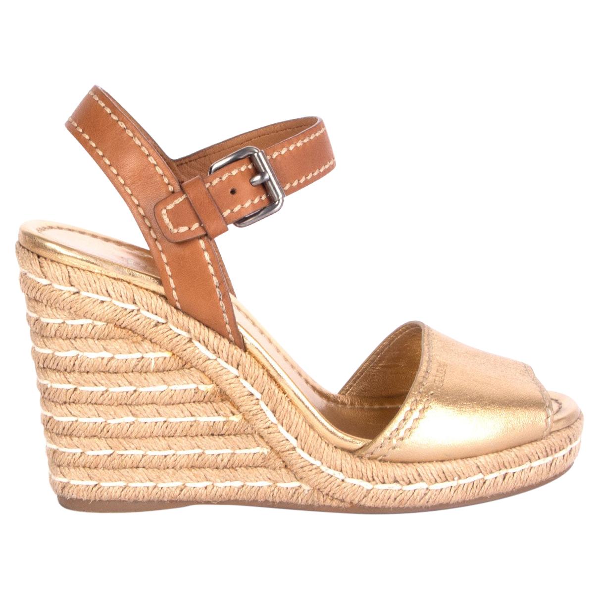 PRADA metallic gold & brown leather Wedge Espadrille Sandals Shoes 40