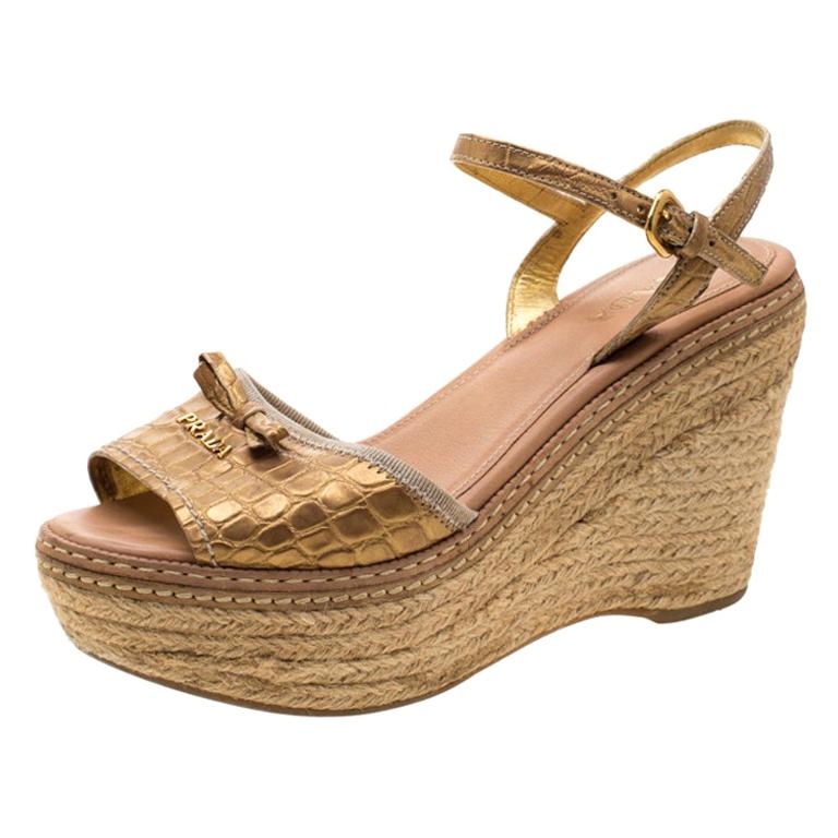 Prada Metallic Gold Croc Embossed Leather Espadrille Wedge Ankle Strap Sandals S