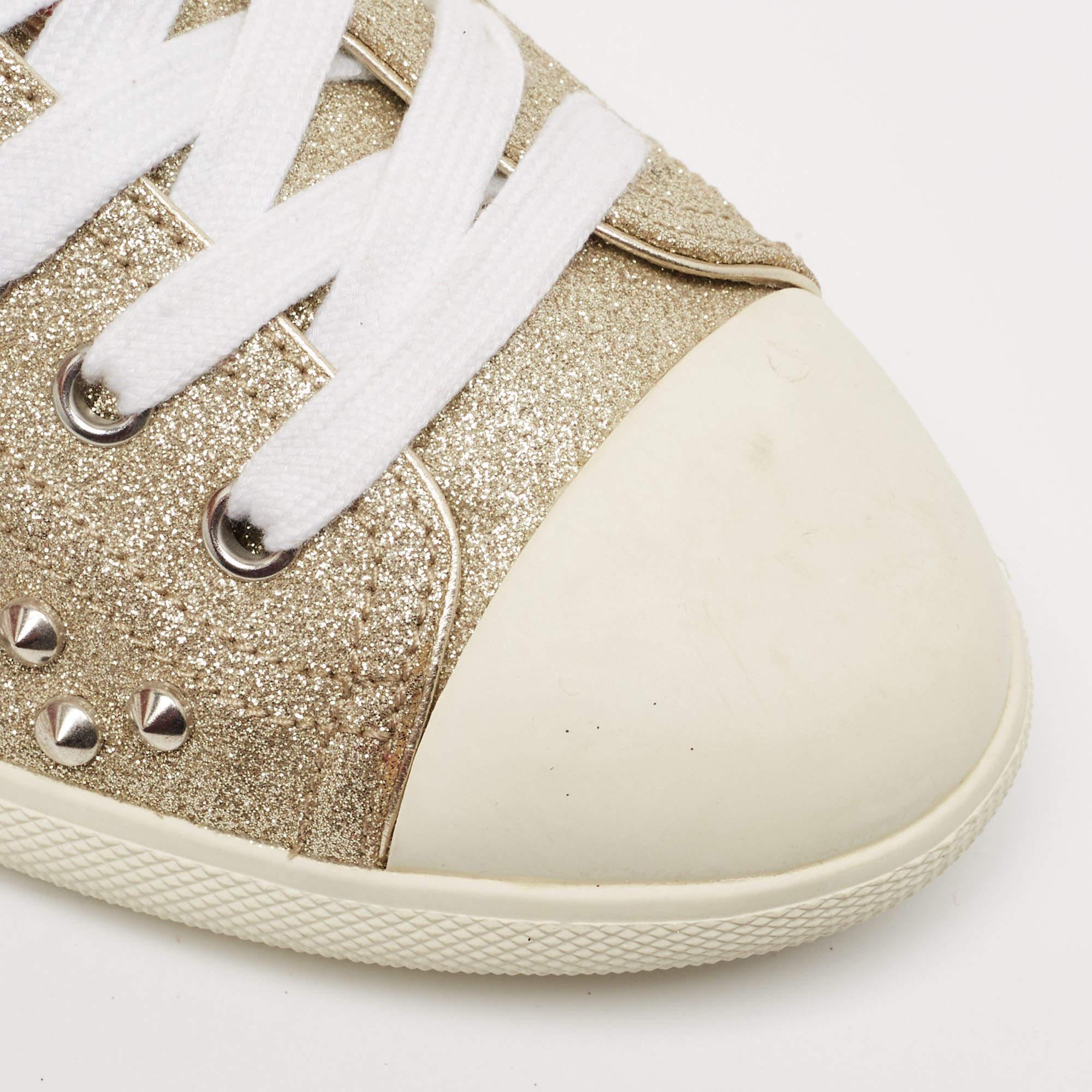 Prada Metallic Gold Glitter Stud Low Top Sneakers Size 40 For Sale 3