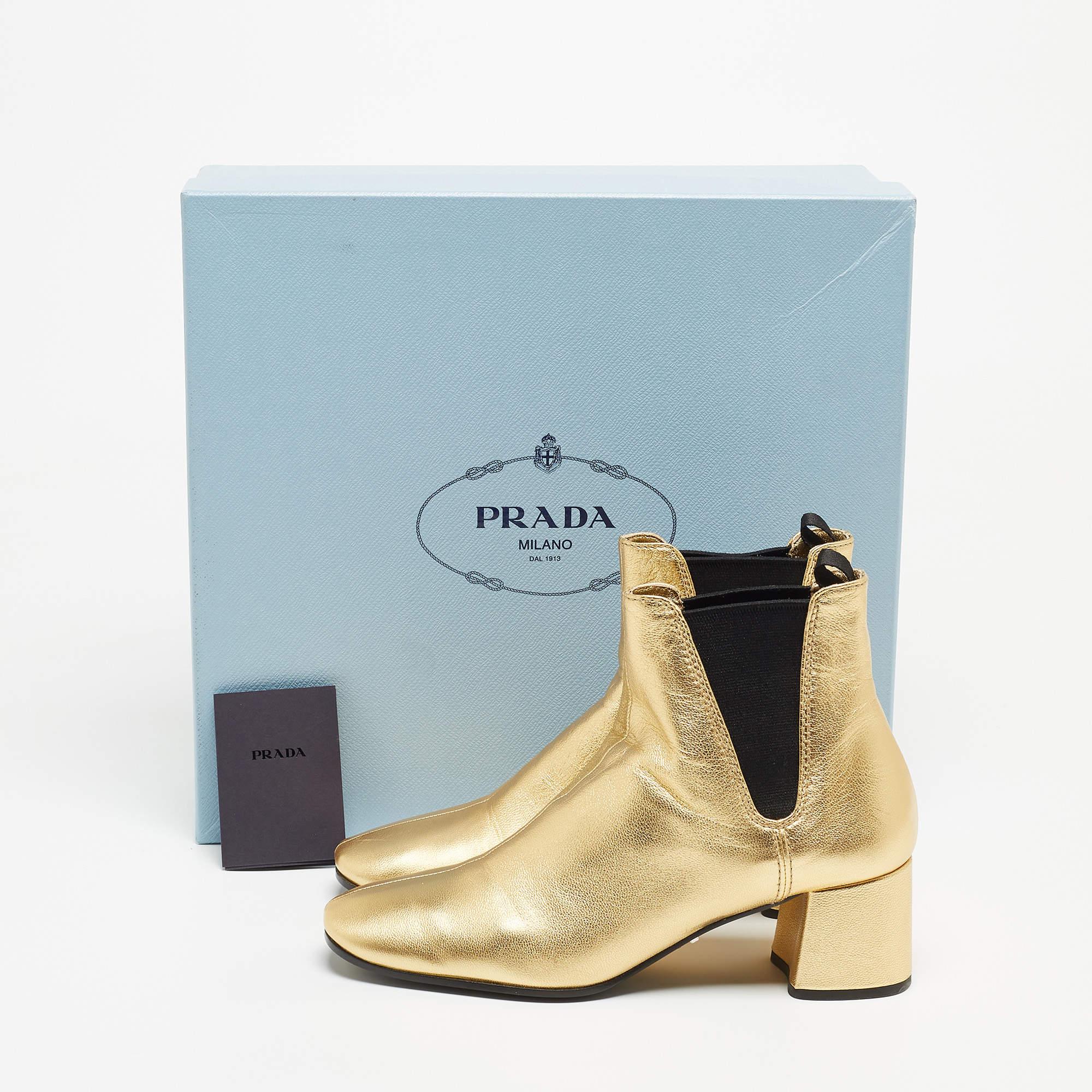 Prada Metallic Gold Leather Ankle Boots Size 37 9