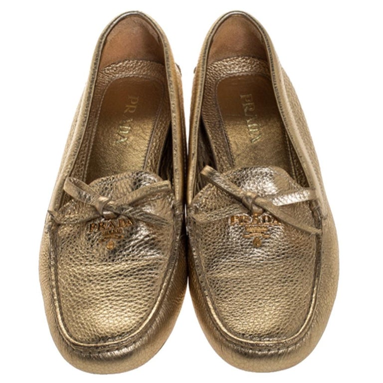 Prada Metallic Gold Leather Bow Slip On Loafers Size 38 at 1stDibs