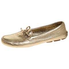 Prada Metallic Gold Leather Bow Slip On Loafers Size 38