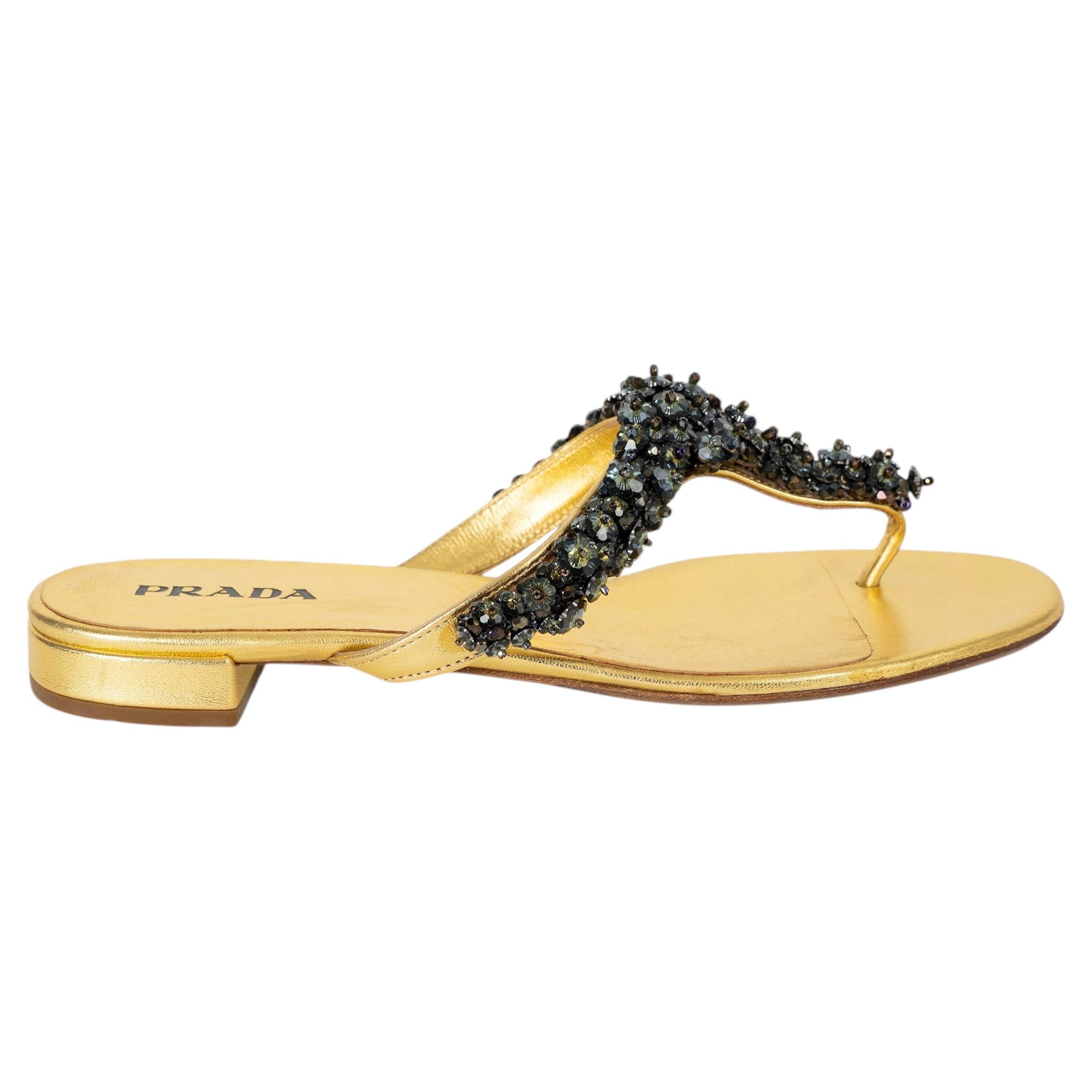 PRADA metallic gold leather CRYSTAL THONG Sandals Shoes 39.5 For Sale