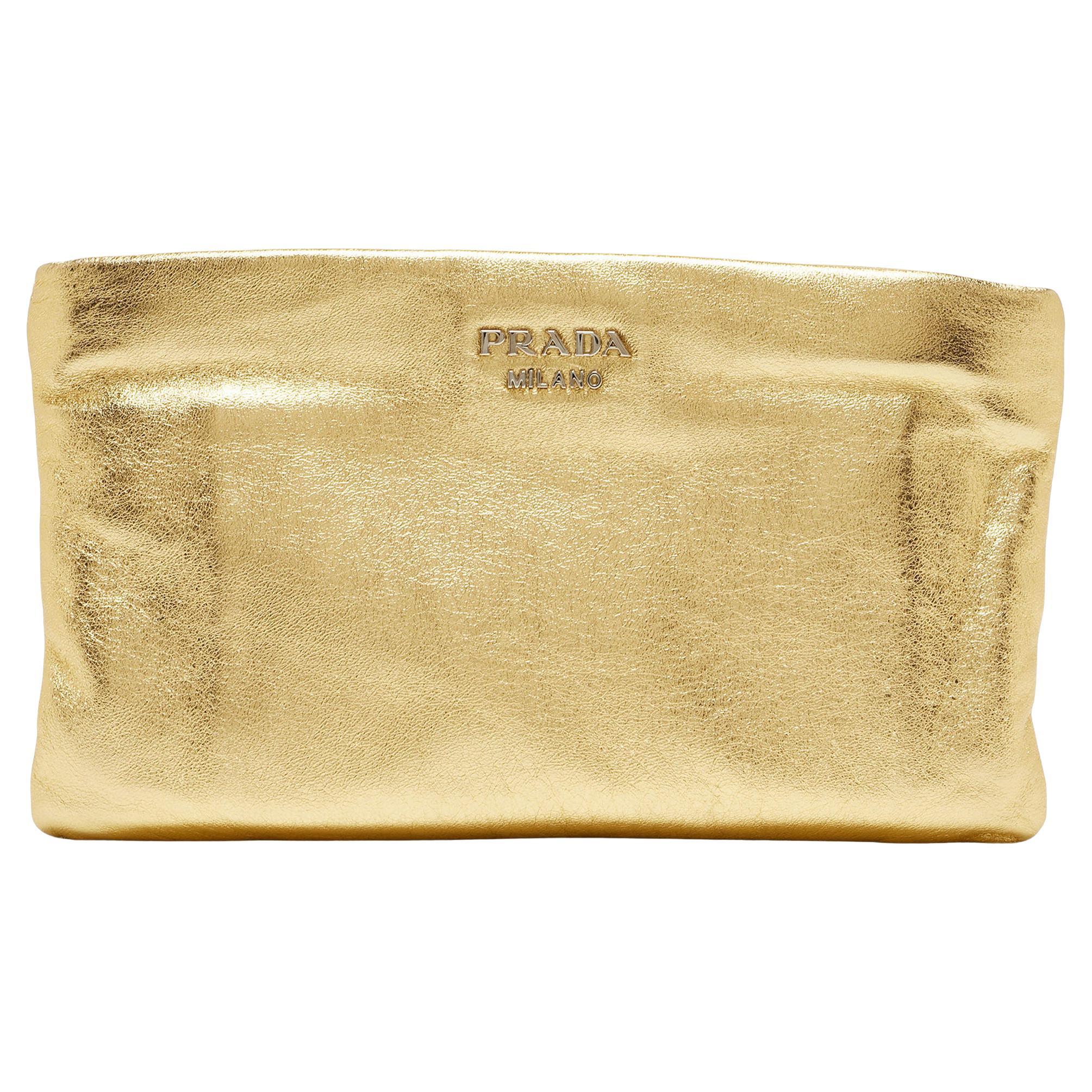 Prada Metallic Gold Leather Double Zip Clutch For Sale