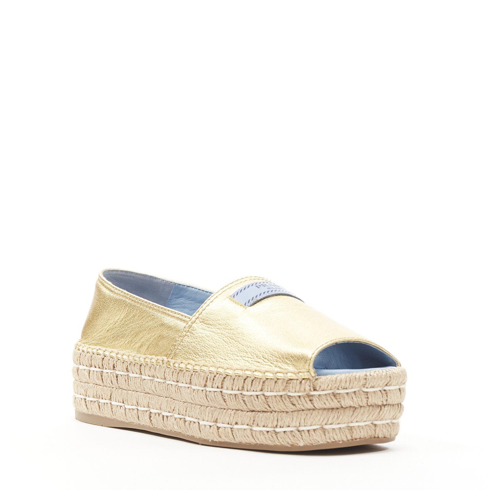 PRADA metallic gold leather logo peep jute platform espadrille shoe EU38.5 In New Condition In Hong Kong, NT