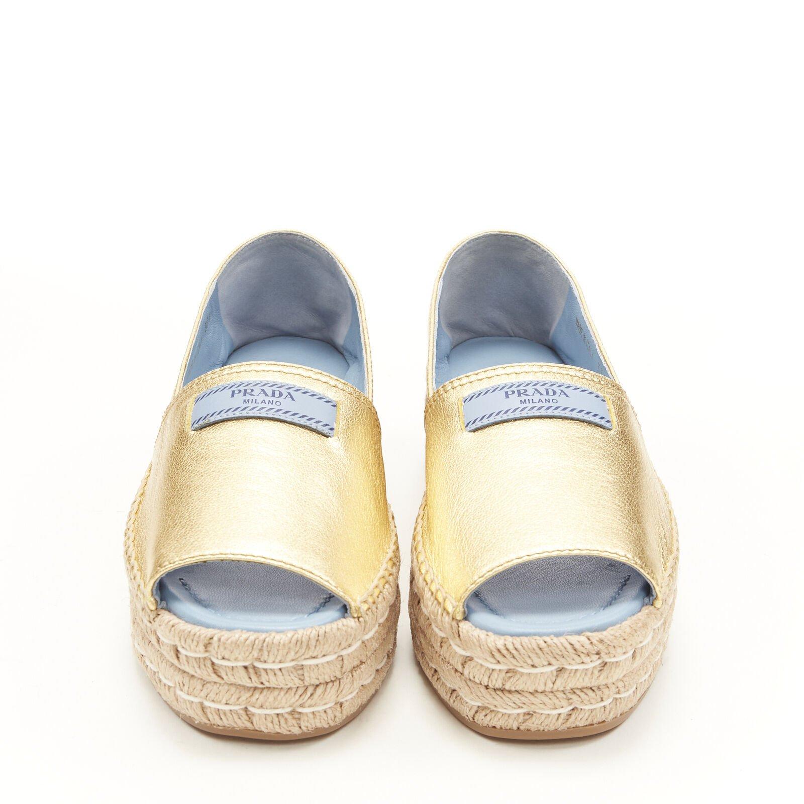 PRADA metallic gold leather logo peep jute platform espadrille shoe EU38.5 In Excellent Condition In Hong Kong, NT