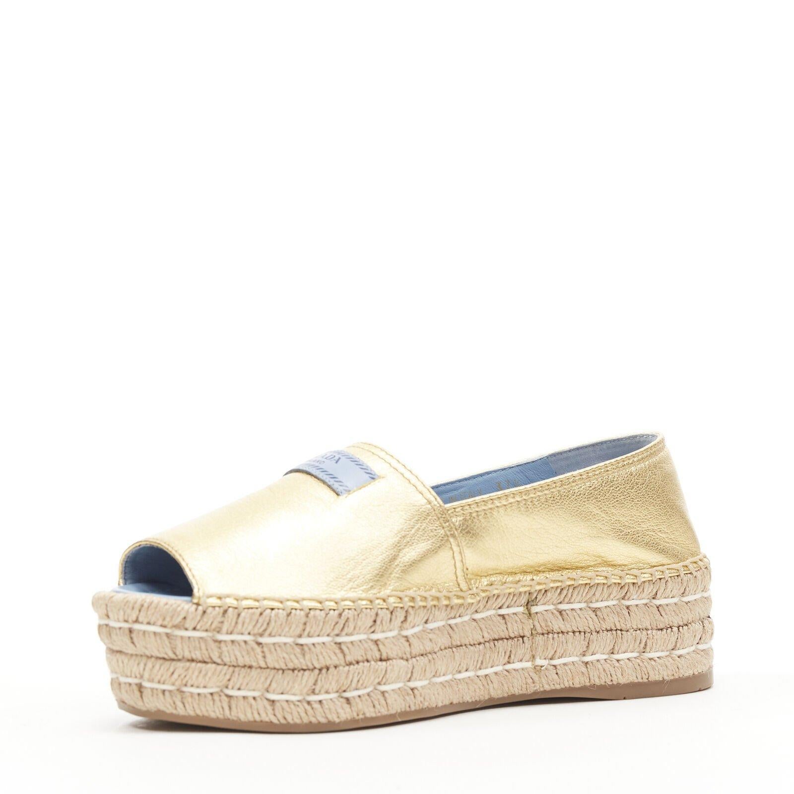 Women's PRADA metallic gold leather logo peep jute platform espadrille shoe EU38.5