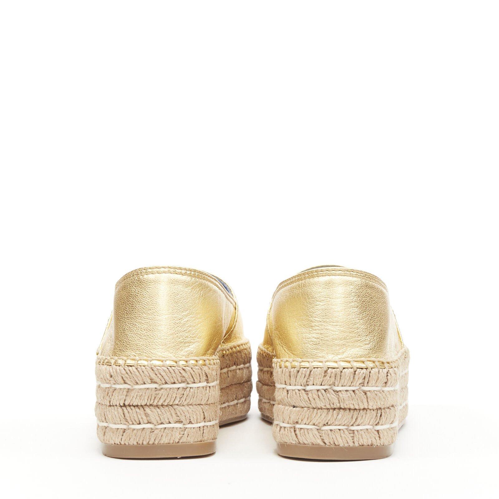 PRADA metallic gold leather logo peep jute platform espadrille shoe EU38.5 2
