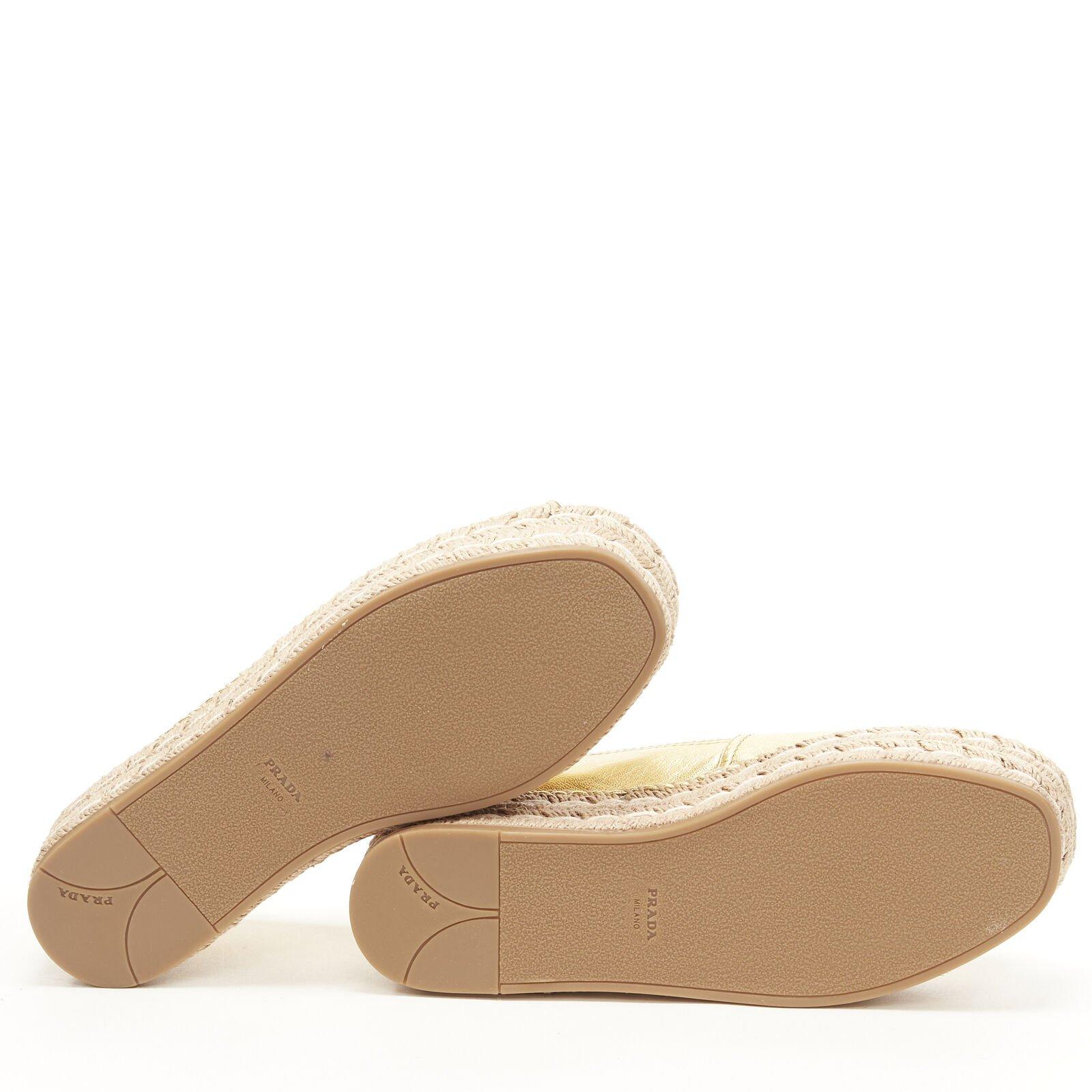 PRADA metallic gold leather logo peep jute platform espadrille shoe EU38.5 2