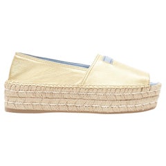 PRADA metallic gold leather logo peep jute platform espadrille shoe EU38.5