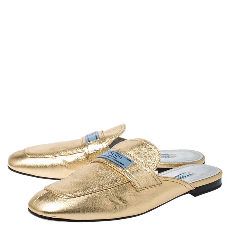 Women's Prada Metallic Gold Leather Mule Flat Slides Size 40