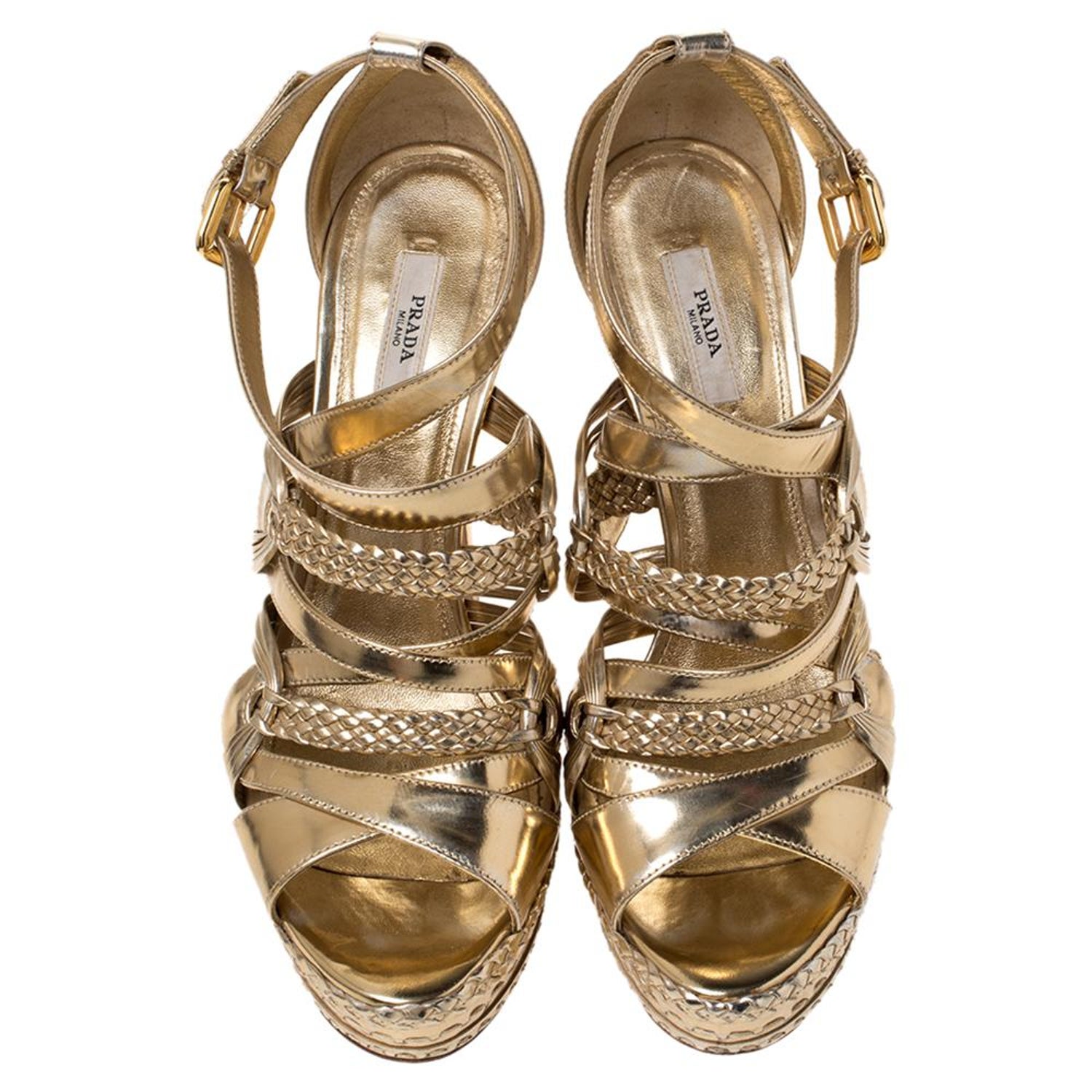 Prada Metallic Gold Leather Open Toe Ankle Strap Platform Sandals Size 40  at 1stDibs