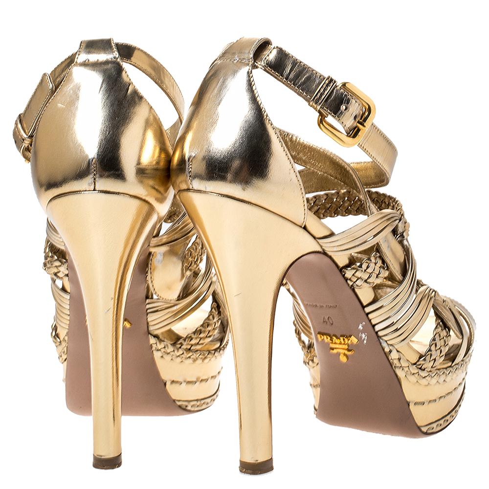 Prada Metallic Gold Leather Open Toe Ankle Strap Platform Sandals Size 40 1
