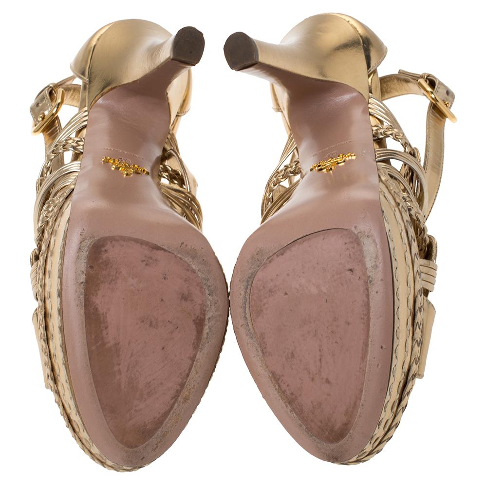 Prada Metallic Gold Leather Open Toe Ankle Strap Platform Sandals Size 40 2