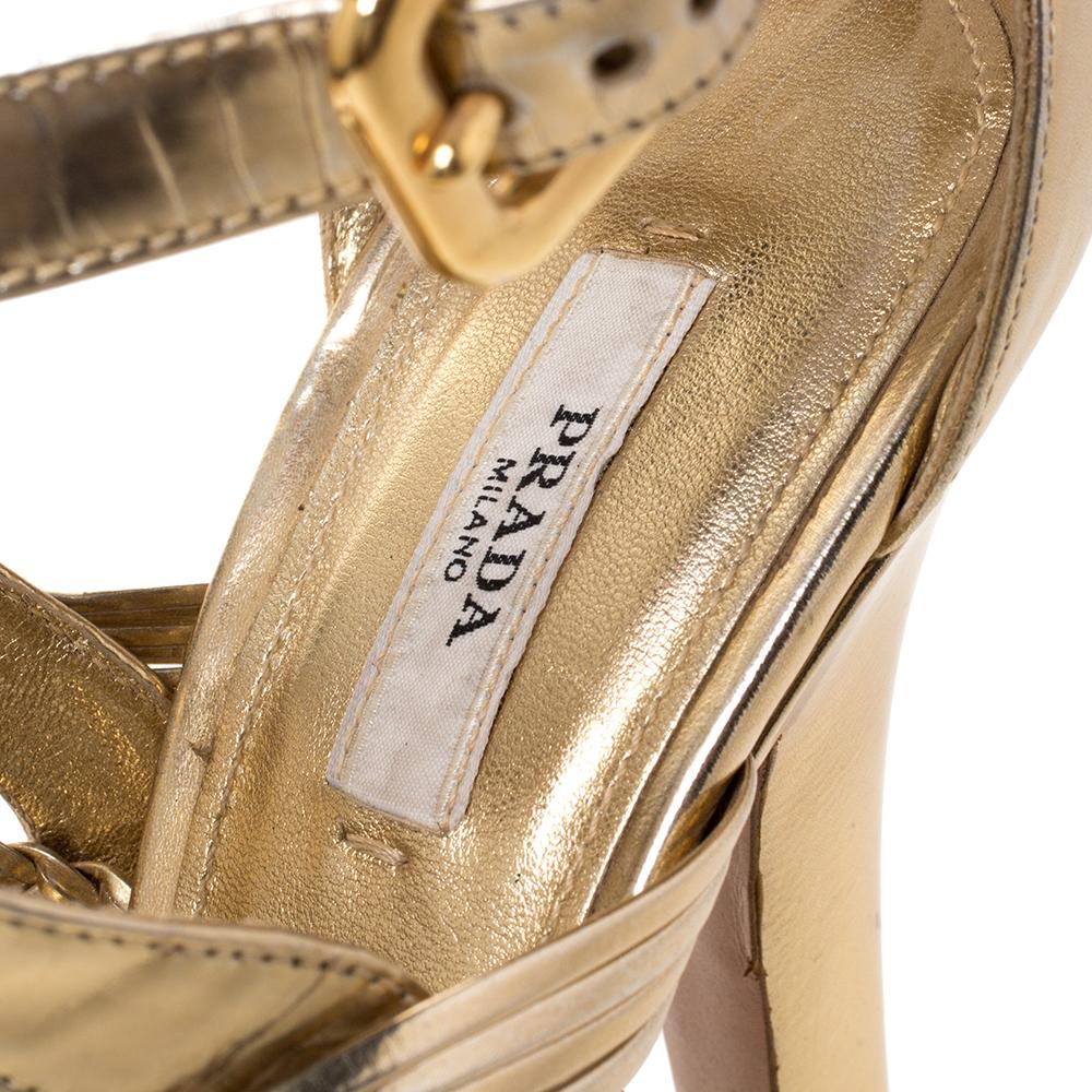 Prada Metallic Gold Leather Open Toe Ankle Strap Platform Sandals Size 40 3