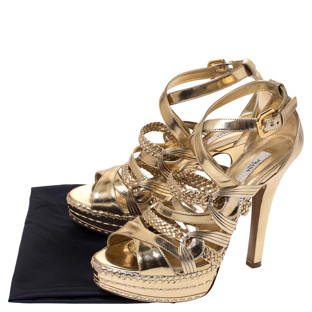 Prada Metallic Gold Leather Open Toe Ankle Strap Platform Sandals Size 40 4