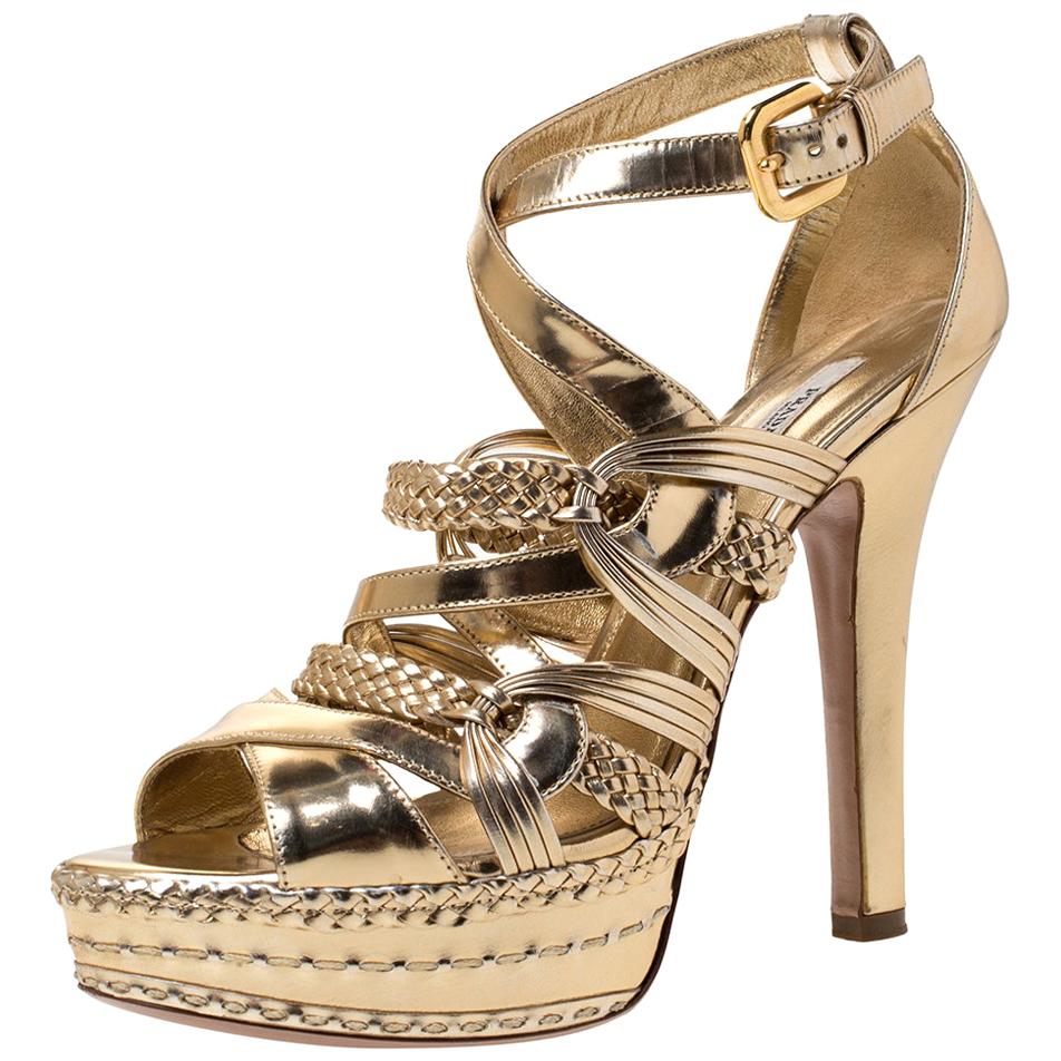 Prada Metallic Gold Leather Open Toe Ankle Strap Platform Sandals Size 40