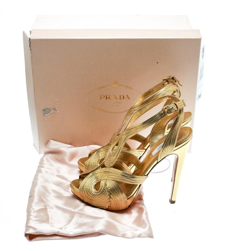 Prada Metallic Gold Leather Peep Toe Ankle Strap Platform Sandals Size 38 1