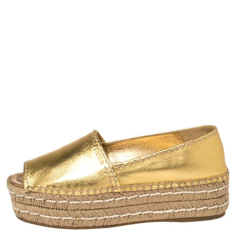 Prada Metallic Gold Leather Peep Toe Platform Espadrilles Size 37.5 at ...