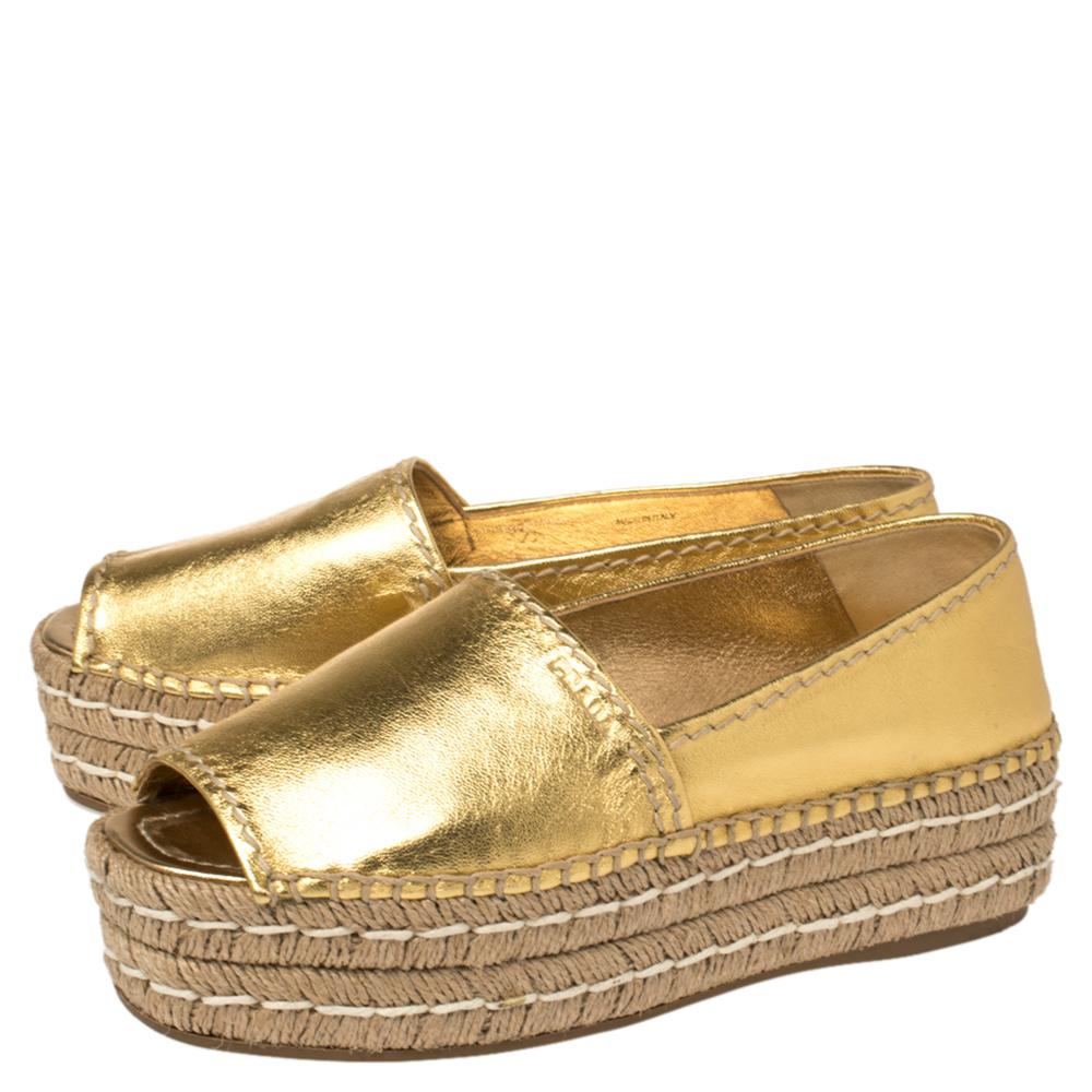 Brown Prada Metallic Gold Leather Peep Toe Platform Espadrilles Size 37.5