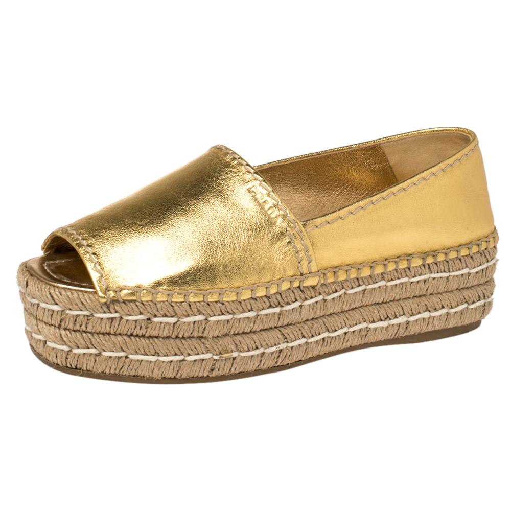 Prada Metallic Gold Leather Peep Toe Platform Espadrilles Size 37.5
