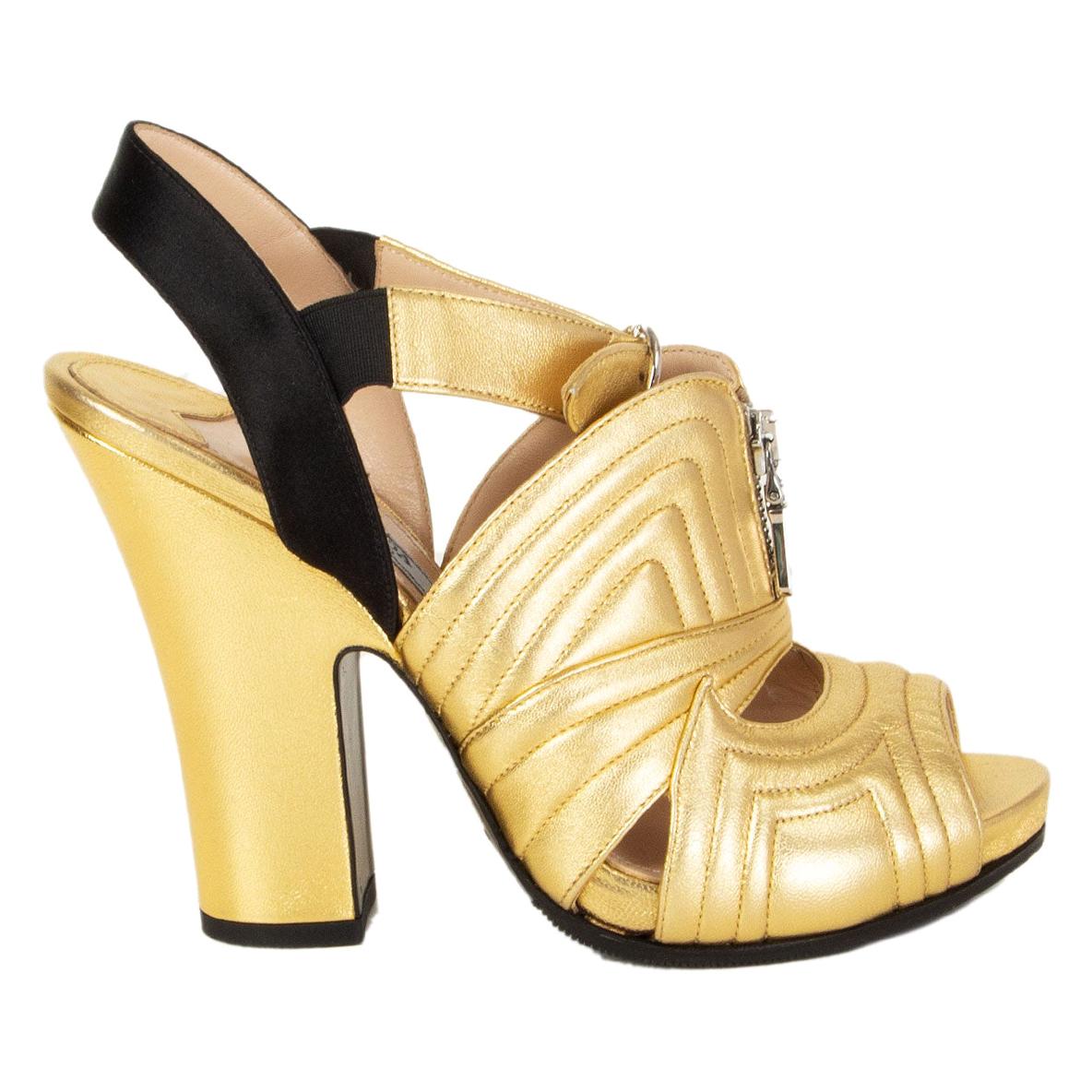 PRADA metallic gold leather QUILTED BLOCK HEEL Sandals Shoes 36.5