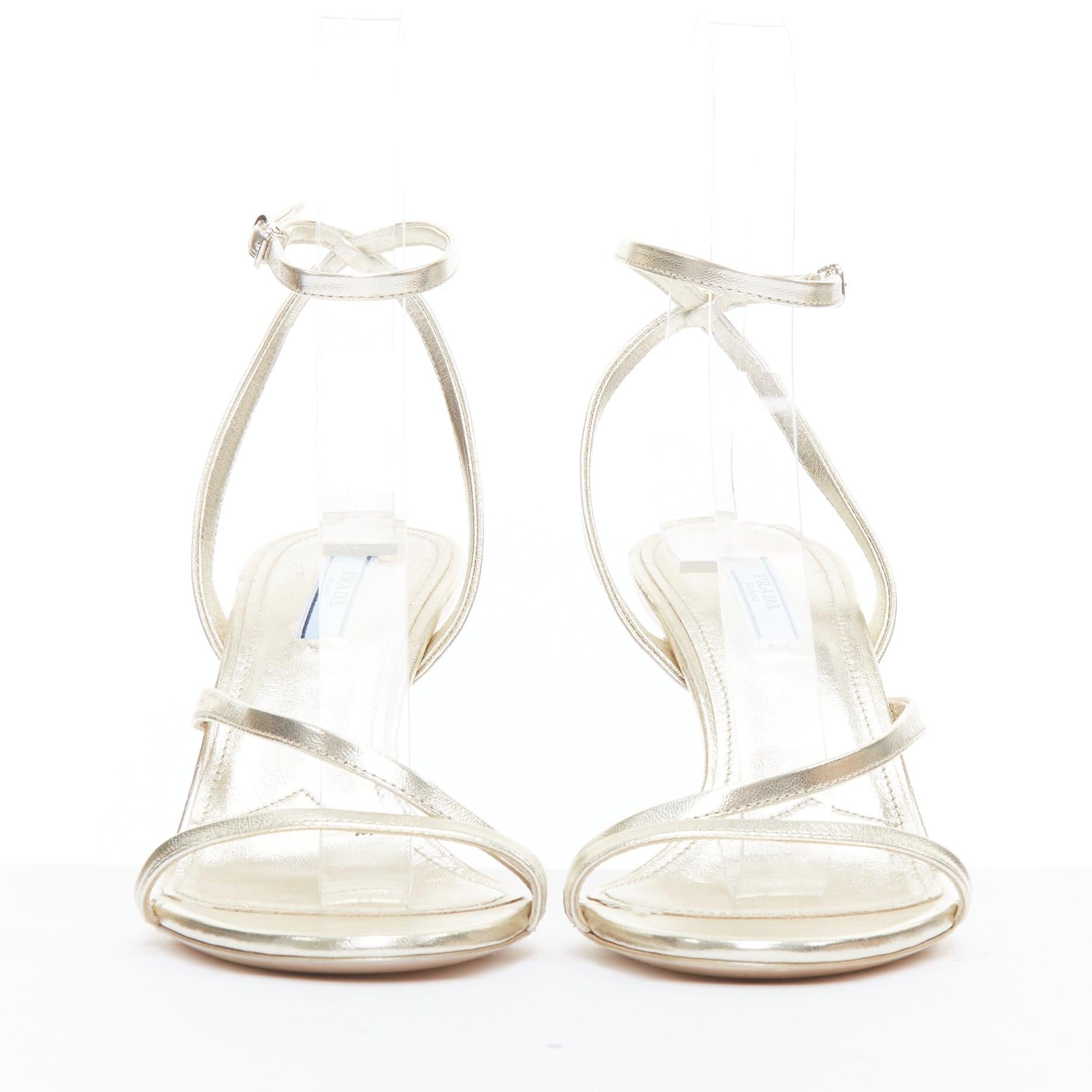 Gold PRADA metallic gold leather strappy mid heel sandals EU39