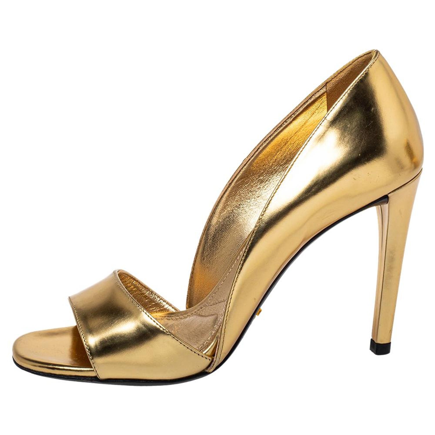 Prada Metallic Gold Patent Leather Peep Toe Pumps Size 36 at 1stDibs |  metallic gold pumps, prada gold pumps