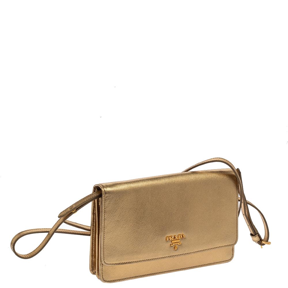 Prada Metallic Gold Saffiano Leather Flap Crossbody Bag In Fair Condition In Dubai, Al Qouz 2