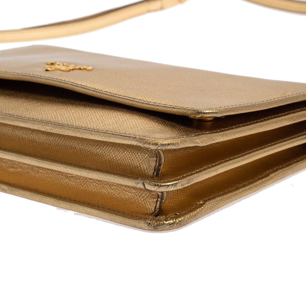 Prada Metallic Gold Saffiano Leather Flap Crossbody Bag 3