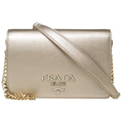 Prada Metallic Gold Saffiano Leather Logo Flap Chain Shoulder Bag
