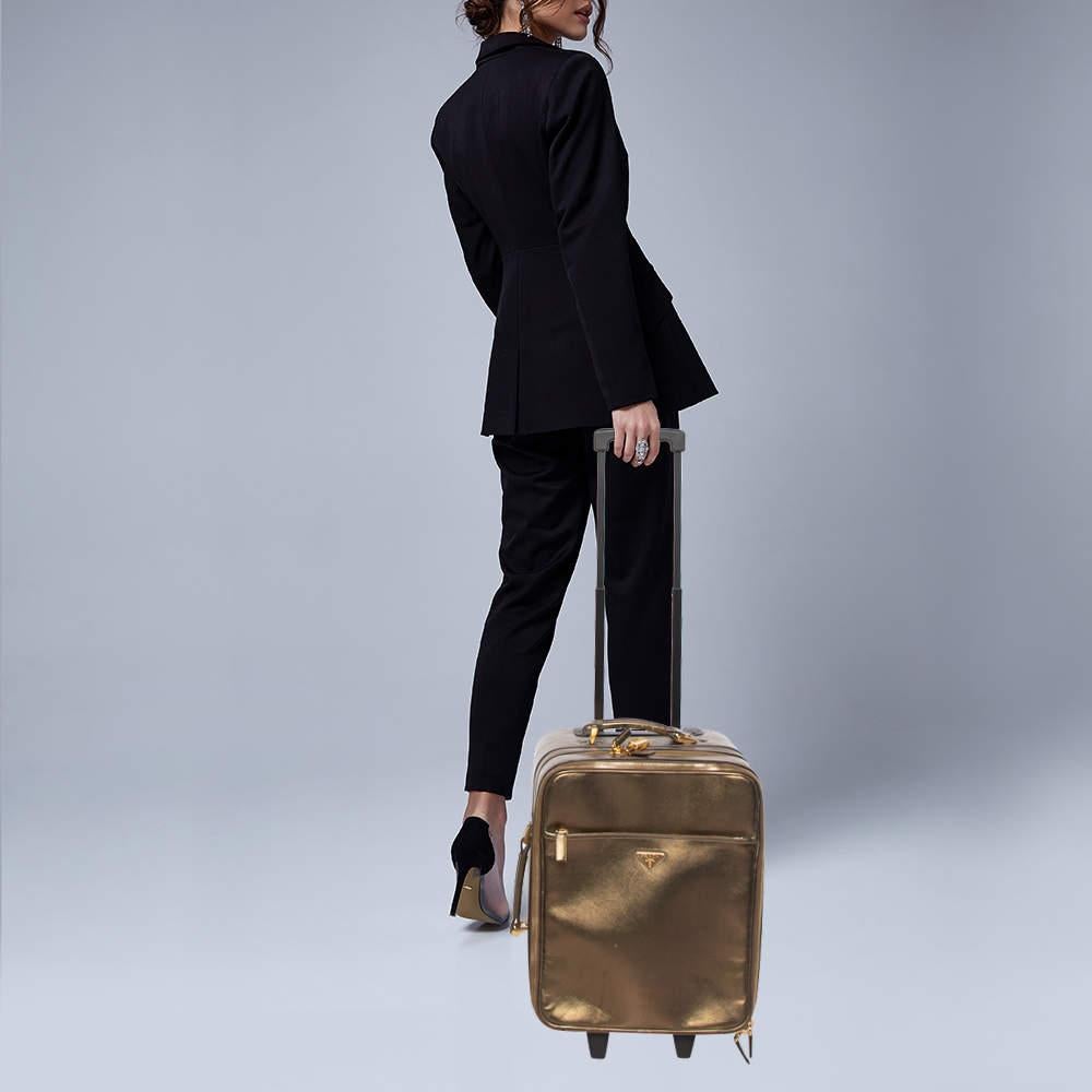 Prada Metallic Gold Saffiano Leather Travel Rolling Trolley Luggage In Fair Condition For Sale In Dubai, Al Qouz 2