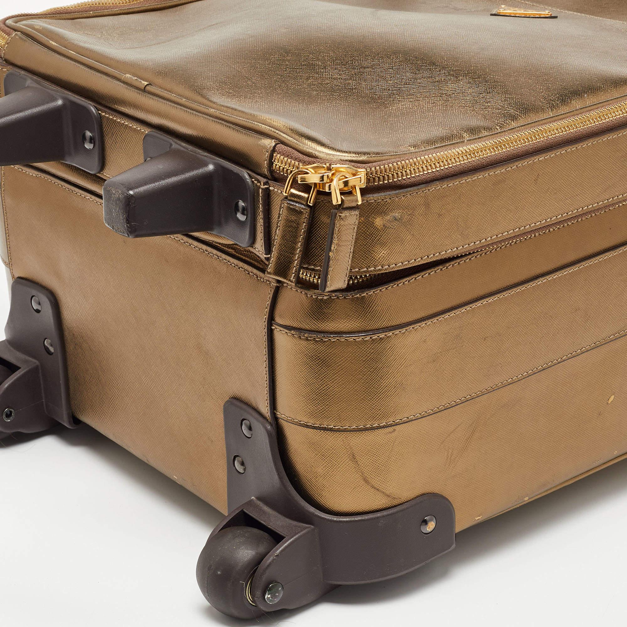 Prada Metallic Gold Saffiano Leather Travel Rolling Trolley Luggage For Sale 3