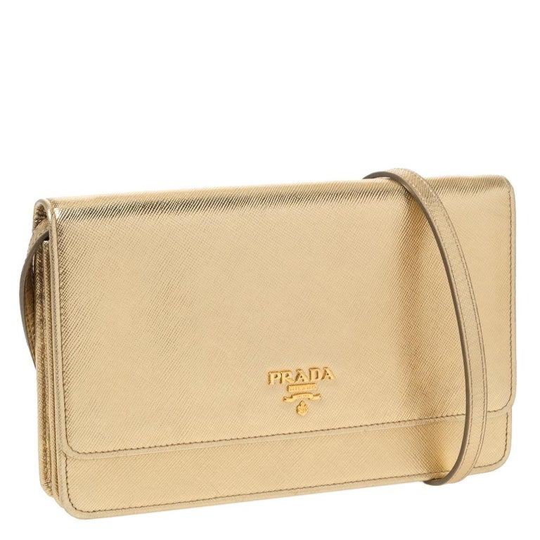 Prada Saffiano Lux Wallet on Chain - Gold Crossbody Bags, Handbags