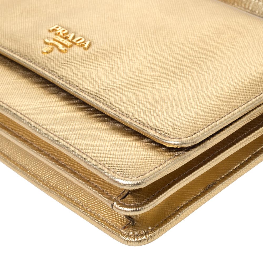 Prada Metallic Gold Saffiano Lux Leather Flap Crossbody Bag In Excellent Condition In Dubai, Al Qouz 2