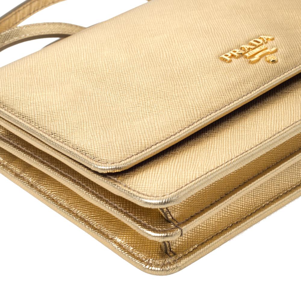 Women's Prada Metallic Gold Saffiano Lux Leather Flap Crossbody Bag