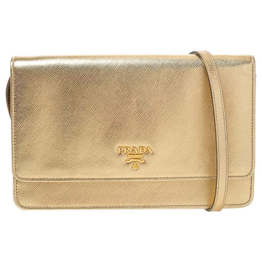 Prada Metallic Gold Saffiano Lux Leather Flap Crossbody Bag