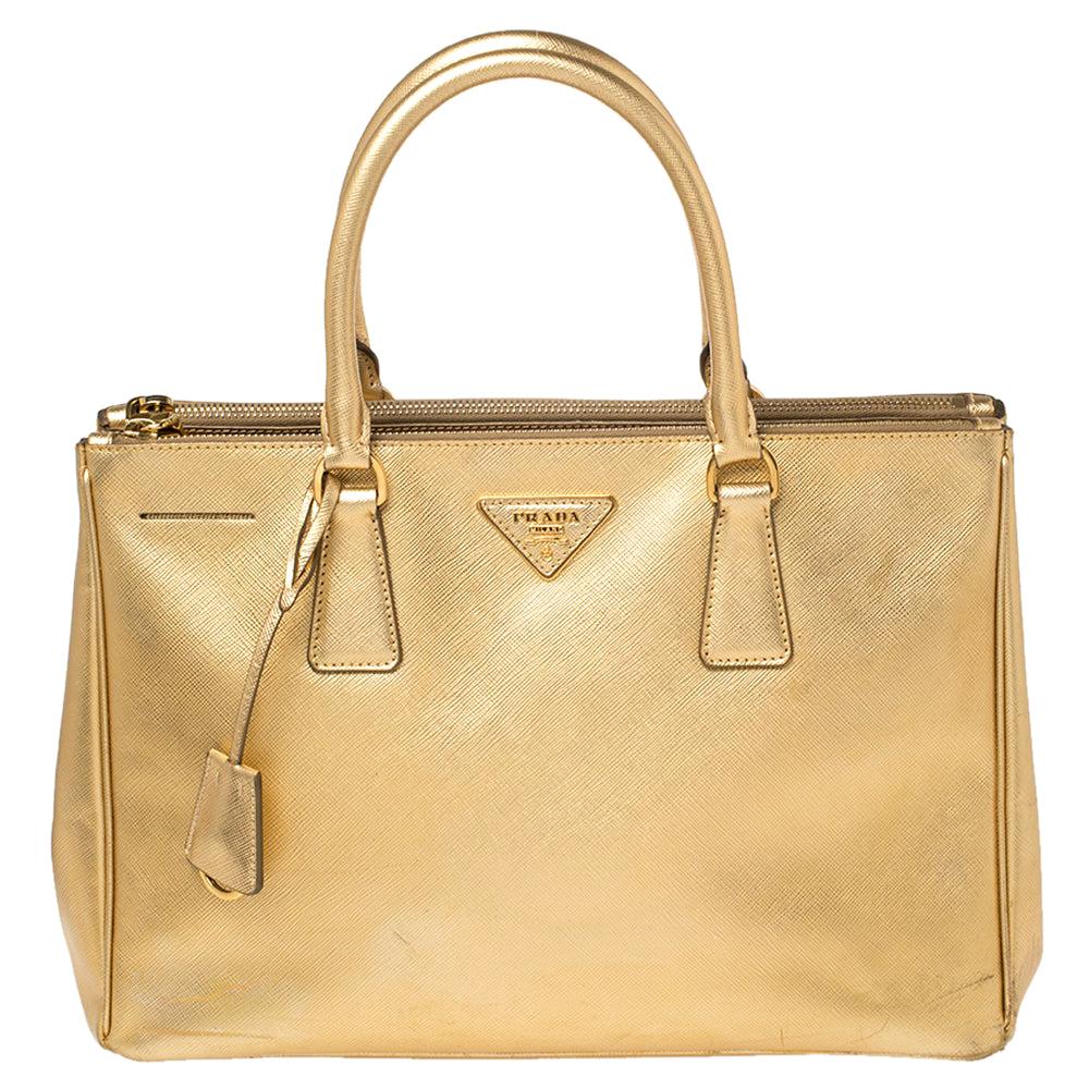 Prada Metallic Gold Saffiano Lux Leather Medium Double Zip Tote