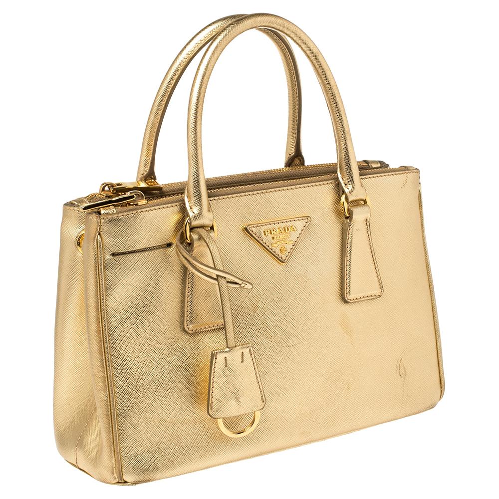 Prada Metallic Gold Saffiano Lux Leder-Tasche mit doppeltem Reißverschluss Damen